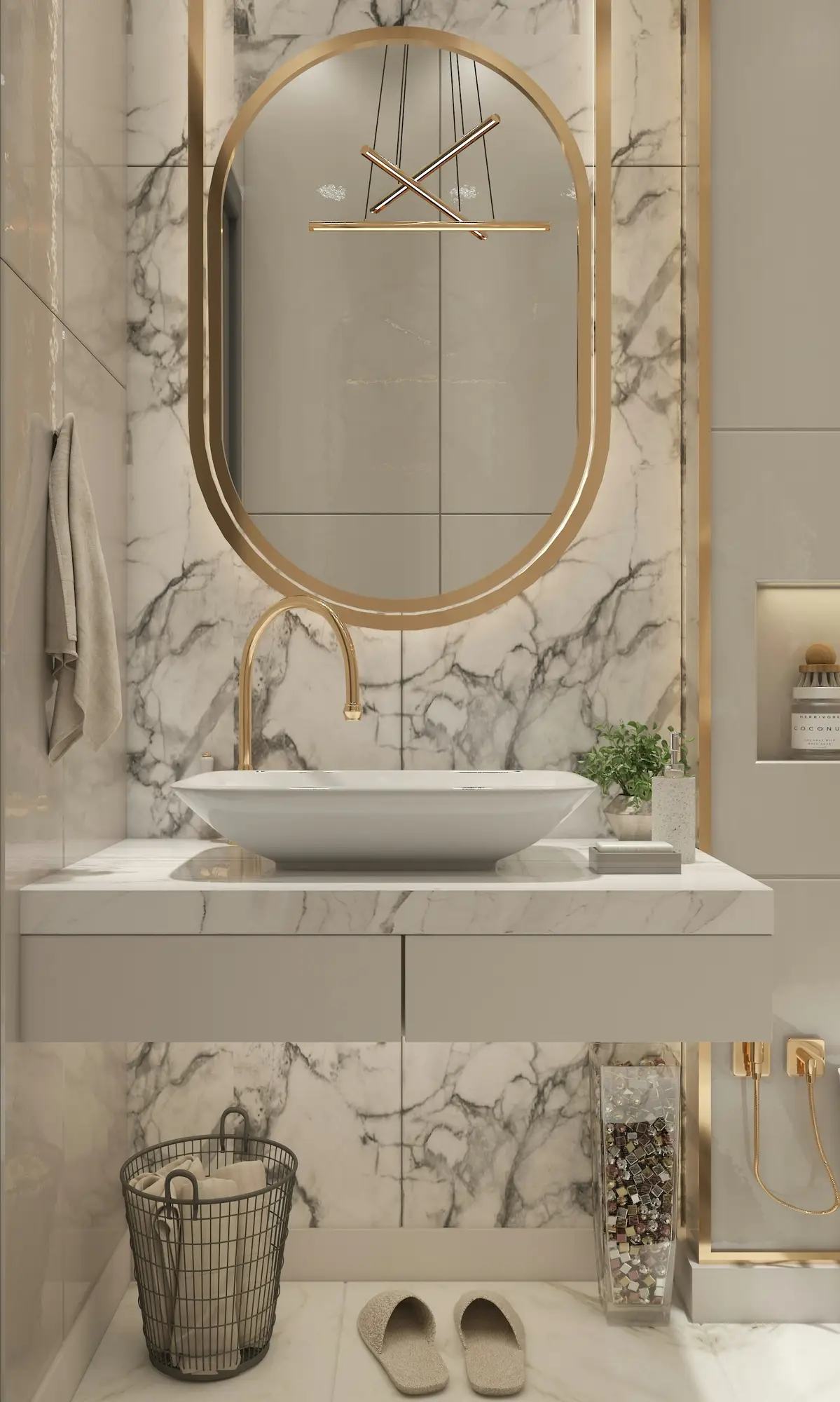 Marble bathroom with a statement vanity